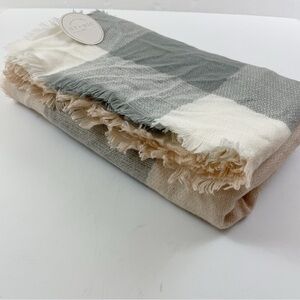 NWT Studio Plaid Gauze Throw Blanket Muted Gray, White, and Pink
